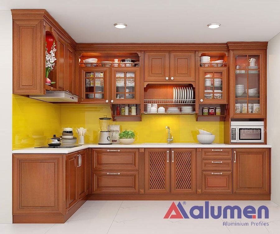 Tủ bếp nhôm vân gỗ cánh kính