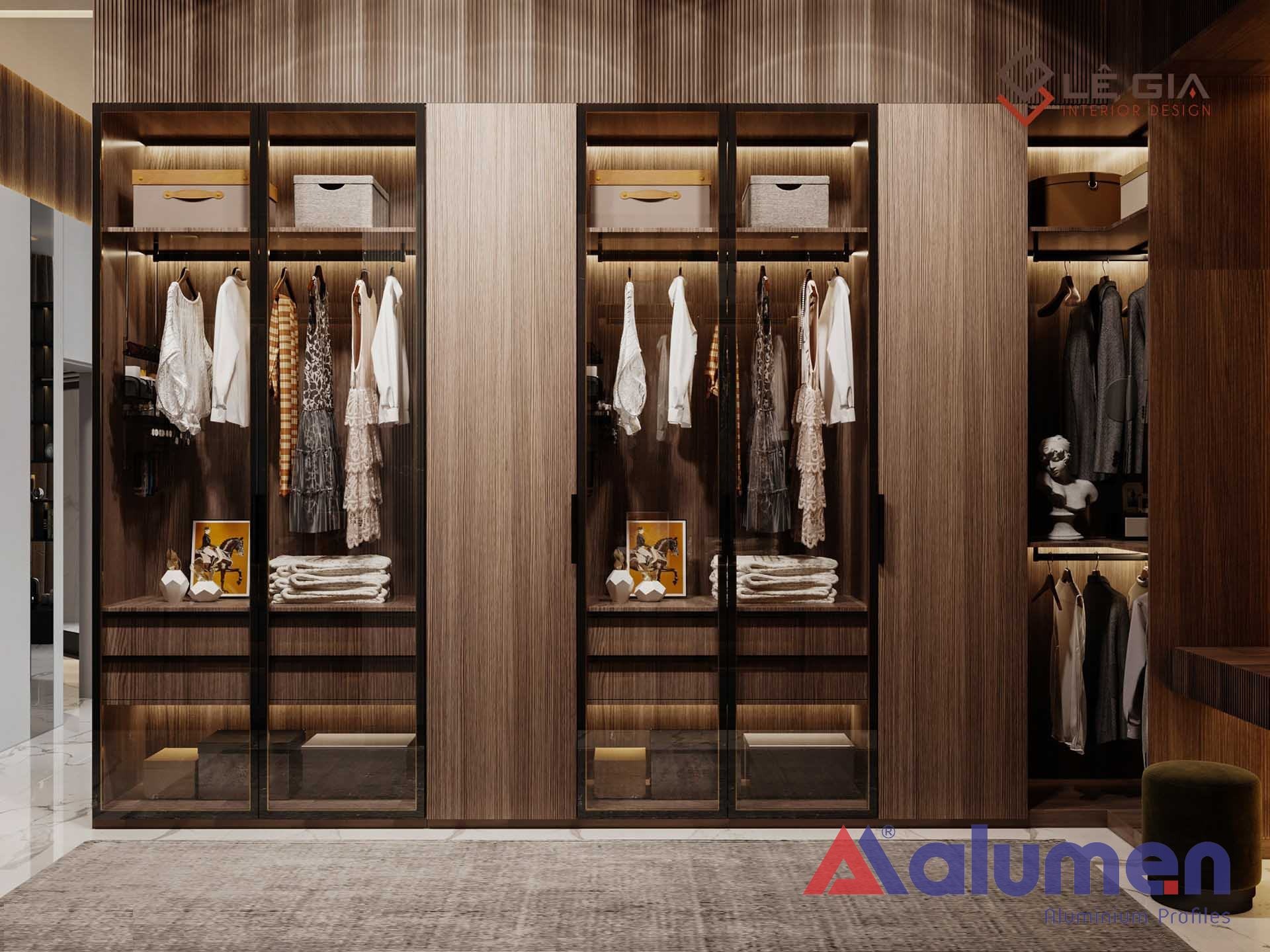 Tủ quần áo nhôm kính vân gỗ hiện đại